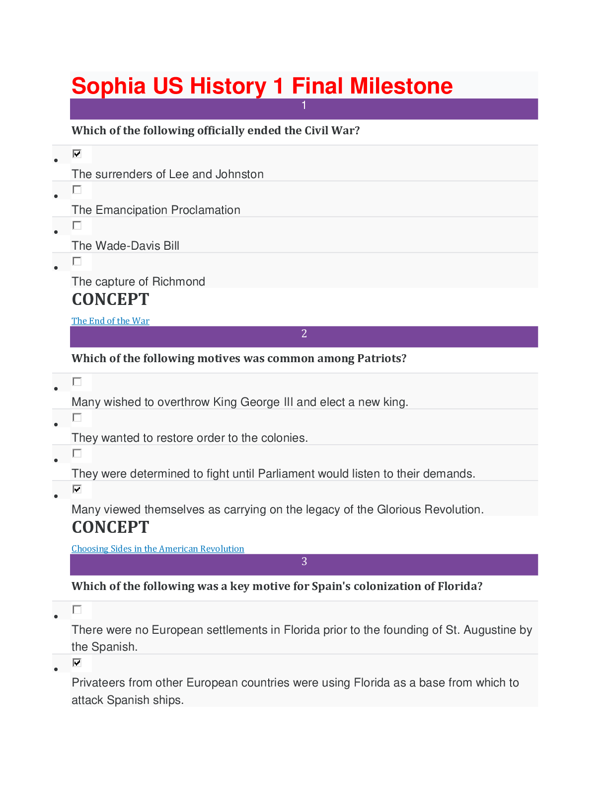 Sophia US History 1 Final Milestone Questions And Answers Latest